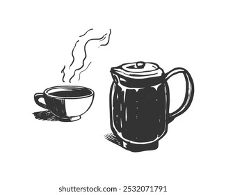 Coffee Cup and Carafe. A hand-drawn illustration of a coffee cup and a carafe filled with coffee. Steam rises from the cup. The image is in black and white and has a vintage, sketch-like style.