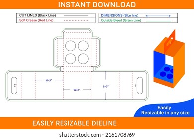 Coffee cup carry box with handle die cut template and 3D box