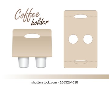 Coffee Cup Carton Holder With Die Cut. Vector Paper Pack Holder Mockup. Cardboard Coffee Cup Holder Takeaway Cut And Fold For Your Design