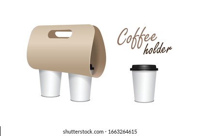 Coffee cup carton holder mock up. Vector paper pack holder mockup. Cardboard coffee cup holder takeaway for your design