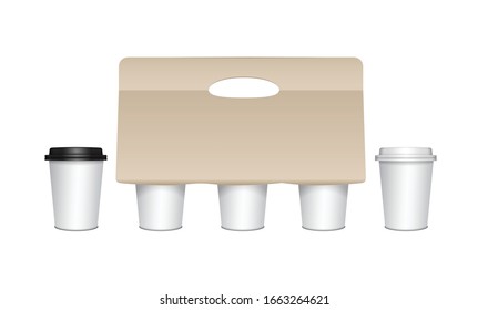 Coffee cup carton holder with paper cups and plastic caps. Vector paper pack holder mockup. Cardboard coffee cup holder takeaway for your design