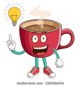 Coffee Cup cartoon character get idea with light bulb and funny smile face