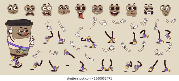 Coffee cup cartoon character with groovy comic faces set. Funny mascot with bundle of smile, wow, love, like, playful, happy and other facial emotions, legs poses, hands gestures. Vector illustration.