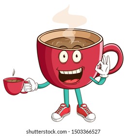 Coffee cup cartoon character holding a cup of coffee with ok hand sign and funny smile face