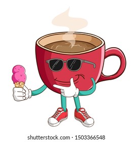 Coffee cup cartoon character holding melted ice cream with funny cool expression