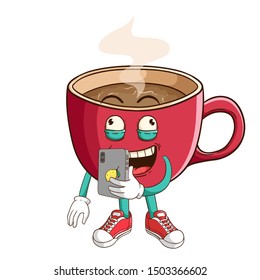 Coffee cup cartoon character holding smartphone and do selfie with funny expression