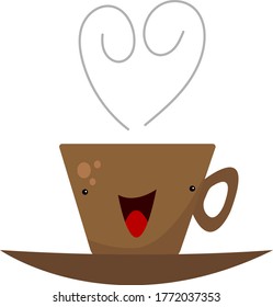 Coffee cup cartoon character with small black eyes and a heart-shaped pattern from a gray steam concept of a popular invigorating drink object on a white background