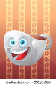 Coffee cup cartoon character with stripe background