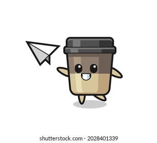 coffee cup cartoon character throwing paper airplane , cute style design for t shirt, sticker, logo element