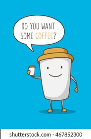 Coffee cup cartoon character vector illustration on blue background.
