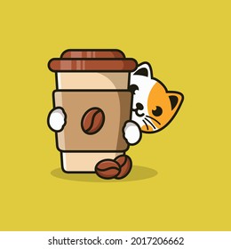 Dibujo de taza de café con una linda ilustración del icono del vector del gato Premium Vector