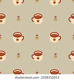 Coffee cup cartoon so cute. On flower background. Pattern seamless vector illustration. 