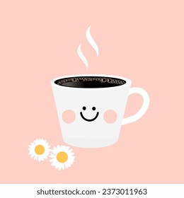 Coffee cup cartoon and daisy flower on pink background vector illustration.