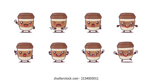 Coffee cup cartoon. drink vector illustration. with different faces and expressions. cute cartoon