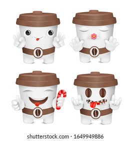 Coffee cup cartoon emoji character collection. Various emotions and gestures. Vector collection