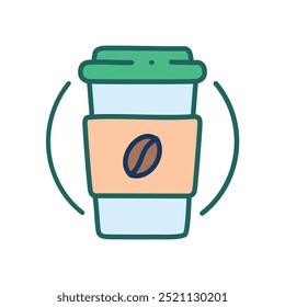 Desenho animado em xícara de café. Uma ilustração desenhada à mão de um desenho animado de uma xícara de café com um grão de café marrom na manga.