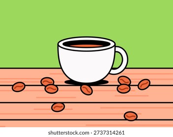 Coffee cup cartoon illustration filled with hot beverage placed on a wooden table with scattered coffee beans vector hand drawn style for background cafe or banner