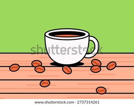 Coffee cup cartoon illustration filled with hot beverage placed on a wooden table with scattered coffee beans vector hand drawn style for background cafe or banner