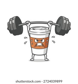 Café xícara de desenho animado levantar barbell apresentando conceito de levantamento de peso mostrando determinação e força no exercício de ginástica e promovendo estilo de vida saudável.  Suor da xícara e energia para o sucesso