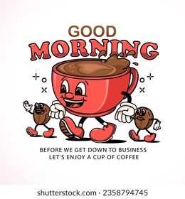 Coffee cup cartoon mascot walking around with coffee beans. Perfect for logos, mascots, t-shirts, stickers and posters