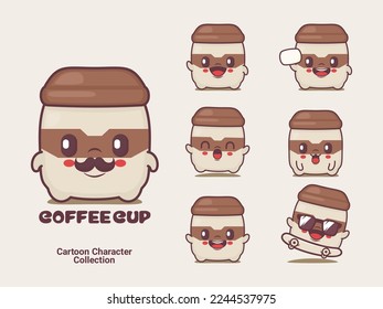 caricatura de la taza de café. ilustración vectorial con expresiones diferentes