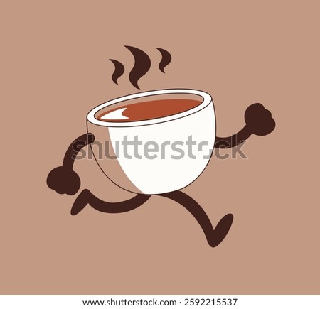 A coffee cup character with arms and legs is running. Coffee cafe logo style. minimal line art vector illustration. 