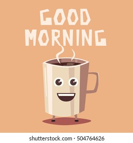 Coffee cup character. Cartoon vector illustration. Good morning. Vintage style. Drink in a mug