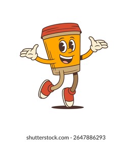 Coffee cup character in dynamic mid-step pose with thumbs-up and open hand welcoming gesture. Ideal for branding, advertising, and social media projects seeking energetic, playful, and friendly vibes