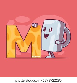 Coffee cup character holding a letter M vector illustration. Drink, motivation, inspiration design concept.
