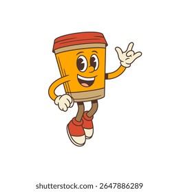 Coffee cup character in lively pose and ILY sign gesture conveying confidence and friendliness. Perfect for marketing, advertising, and social media designs needing energetic and playful vibes