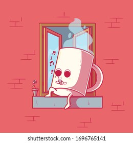 Coffee Cup character on a window vector illustration. Motivation, work, Monday, inspiration design concept	
