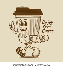 coffee cup character, retro cartoon mascot character