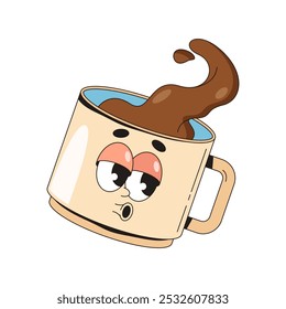 Personalidade de xícara de café. Caneca de café expresso vetor com rosto. Pop art bebida ou sinal de bebida para café e bistrô. Símbolo de lanchonete. Cartoon latte ou personagem mocha. Engraçado mascote cappuccino. Banda desenhada.