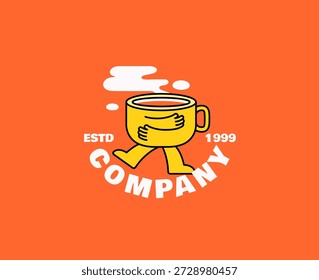 Kaffeetasse Charakter, der glücklich mit Dampf an der Spitze geht, flacher moderner Stil Spaß und kreatives Maskottchen Design, das für Coffeeshops, Cafés, Getränke-Branding, Logos, Aufkleber Cartoon Illustration geeignet ist