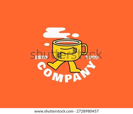 Coffee cup character walking happily with steam on top, flat modern style fun and creative mascot design suitable for coffee shops, cafés, beverage branding, logos, stickers cartoon illustration