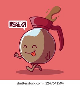 Coffee cup character walking vector illustration. Beverage, Food, weekend, energy, monday, funny design concept