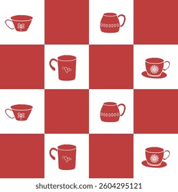 Coffee cup checkerboard abstract seamless pattern. Stylish geometrical grid. Red white colour palette background. Vector graphic illustration