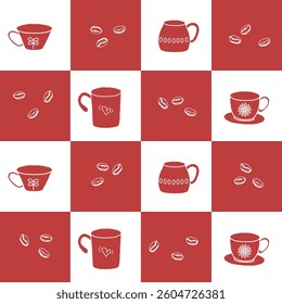 Coffee cup checkerboard abstract seamless pattern. Stylish geometrical grid. Black white, beige brown vintage colour palette background. Vector graphic illustration