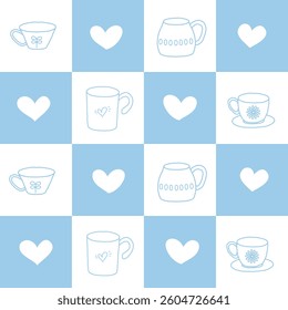 Coffee cup checkerboard abstract seamless pattern. Stylish geometrical grid. blue and white colour palette background. Vector graphic illustration