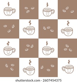 Coffee cup checkerboard abstract seamless pattern. Stylish geometrical grid. Black white, beige brown vintage colour palette background. Vector graphic illustration
