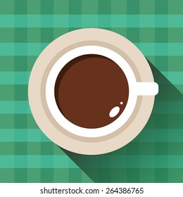 Coffee cup, checkered tablecloth, icon flat. Vector. Element for design
