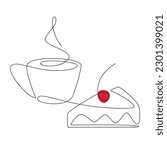 Coffee cup and cherry cake one line continuous drawing. Vector illustration. Hand drawn linear silhouette. Dessert icon. Minimal design, print, banner, card, product logo, brochure, menu, bakery shop.