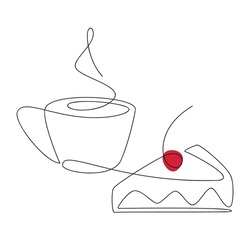 Coffee Cup And Cherry Cake One Line Continuous Drawing. Vector Illustration. Hand Drawn Linear Silhouette. Dessert Icon. Minimal Design, Print, Banner, Card, Product Logo, Brochure, Menu, Bakery Shop.