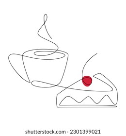 Coffee cup and cherry cake one line continuous drawing. Vector illustration. Hand drawn linear silhouette. Dessert icon. Minimal design, print, banner, card, product logo, brochure, menu, bakery shop.