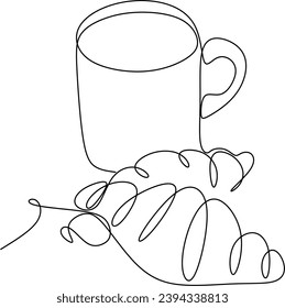 Café y tarta de cerezo de una línea de dibujo continuo.  Icono de postre. Diseño mínimo, impresión, pancarta, tarjeta, logotipo del producto, folleto, menú, panadería.Ilustración vectorial dibujada a mano sin artificios 