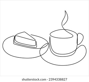 Coffee cup and cherry cake one line continuous drawing.  Dessert icon. Minimal design, print, banner, card, product logo, brochure, menu, bakery shop.Hand drawn vector illustration without artificial 