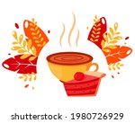 Coffee cup with cherry pie on autumn leaves background. Autumn hot drink. Vector illustration