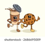 coffee cup and chip cookie groovy cartoon illustration