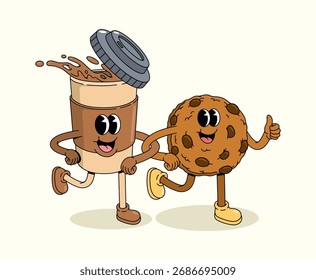 xícara de café e chip cookie groovy ilustração cartoon