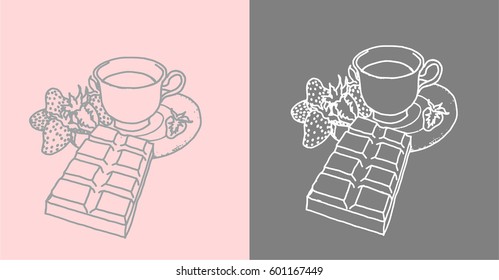 Coffee Cup with Chocolate Bar and Strawberry Illustration